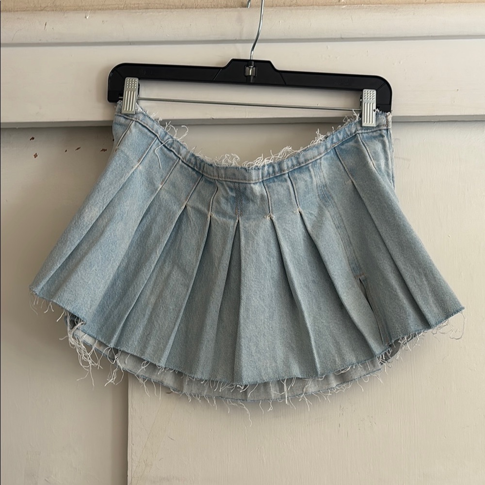 ZARA Denim Pleated Mini Skirt with Distressed Finish